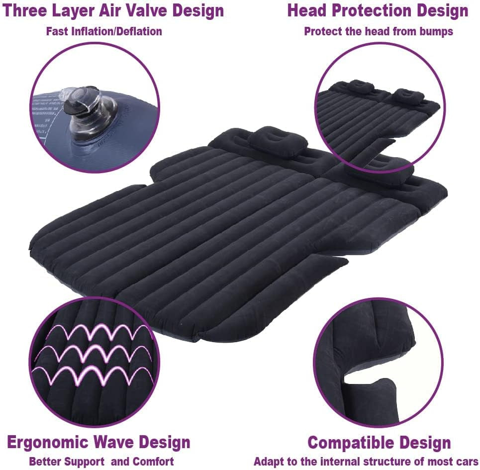 Inflatable Car Mattress for Back Seat with Auto Air Pump - Portable Camping Sleeping Pad (SUV Black)