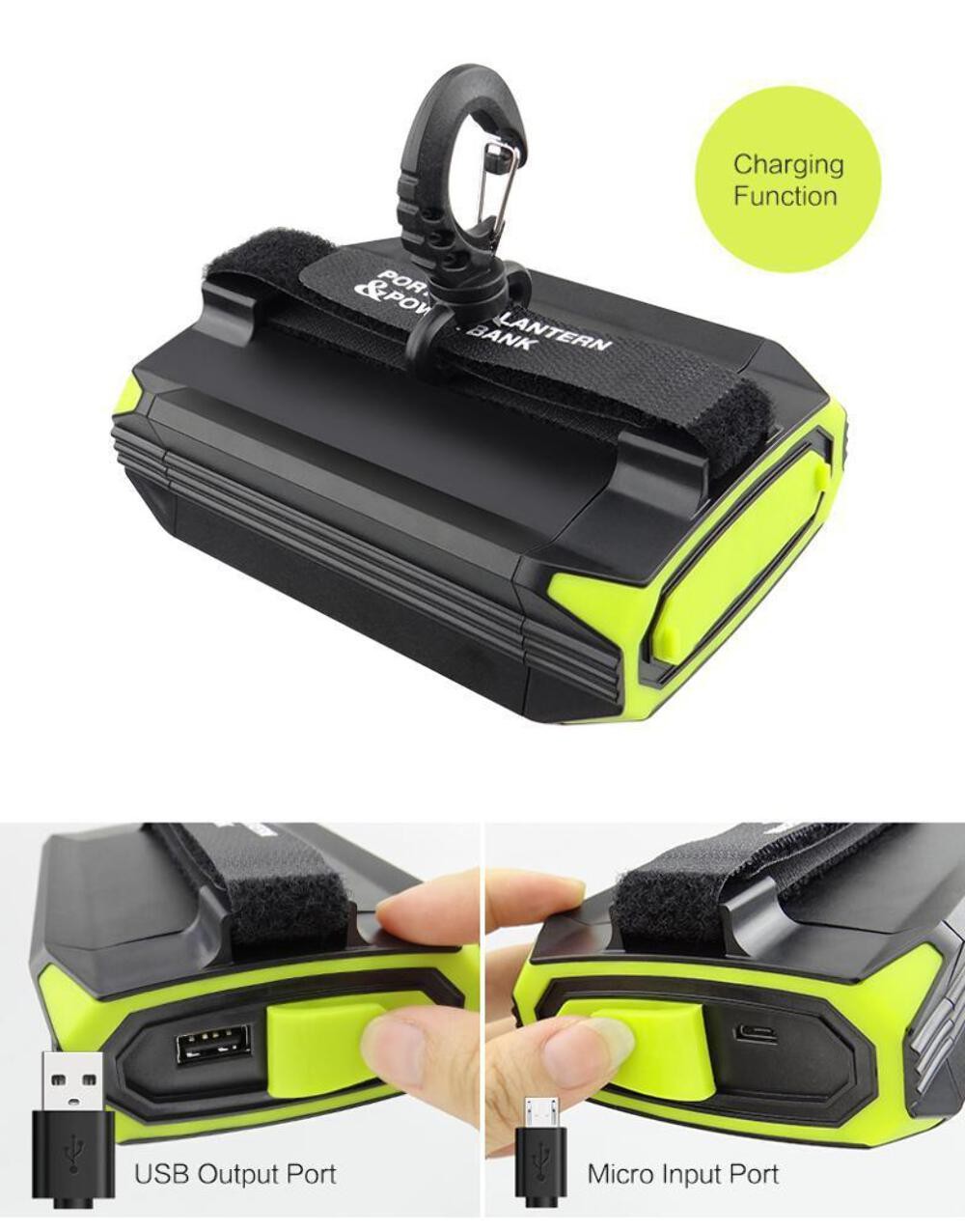 Rechargeable LED green tent lantern, 500 lumens, USB port.