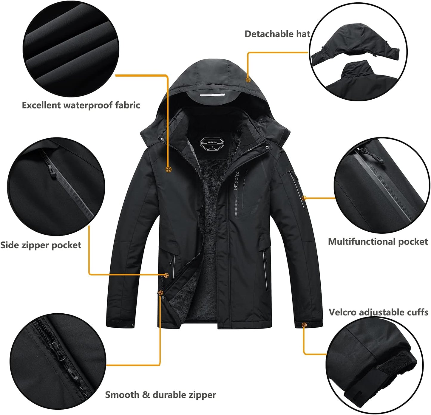 Men's Waterproof Ski Jacket - Insulated Winter Coat with Hood