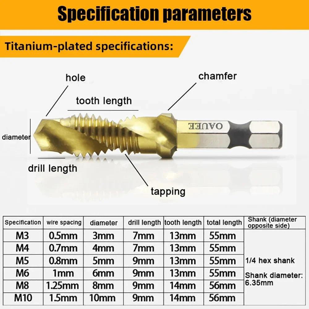 1/6Pcs Tap Drill Bit Set Hex Shank Titanium Plated HSS Screw Thread Bit Screw Machine Compound Tap M3 M4 M5 M6 M8 M10 Hand Tools - Outdoorsavage