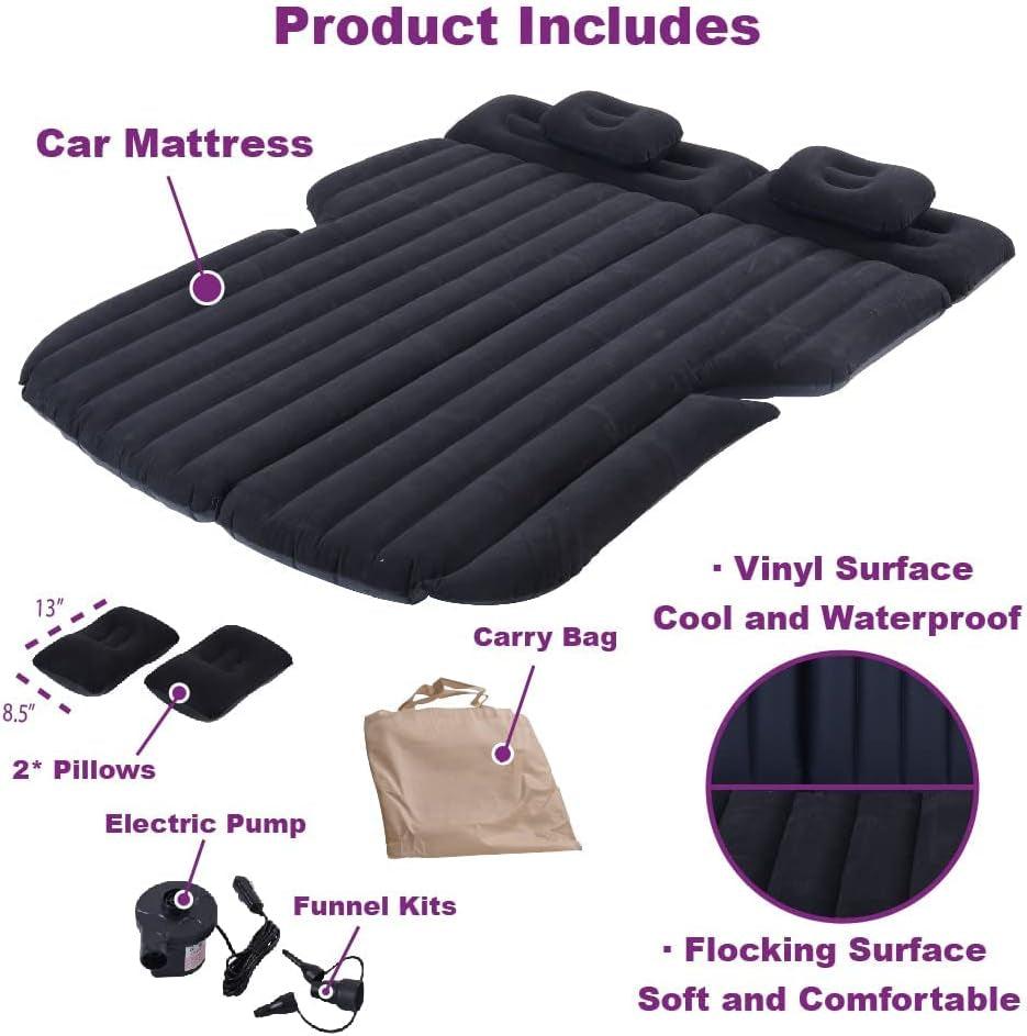 Inflatable Car Mattress for Back Seat with Auto Air Pump - Portable Camping Sleeping Pad (SUV Black)