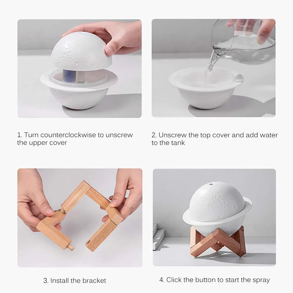 Transform Your Space with the 2-in-1 Moon Lamp Humidifier - 3D LED Night Light, USB Rechargeable, 3 Color Options, 330ml Capacity - Perfect Gift for Kids and Lovers!