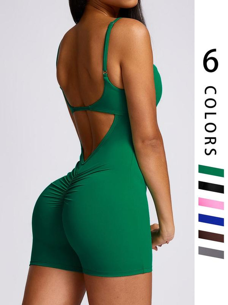 Women'S Cut Out Ruched Skinny Sports Tummy Control Romper, Rompers for Women, Solid Adjustable Spaghetti Strap Bodycon Romper, Ladies Sportswear for Indoor Outdoor Wear, Workout Outfits, Gym Clothes Women, Minimalistic Outfit. Athletic Wear, Active Wear