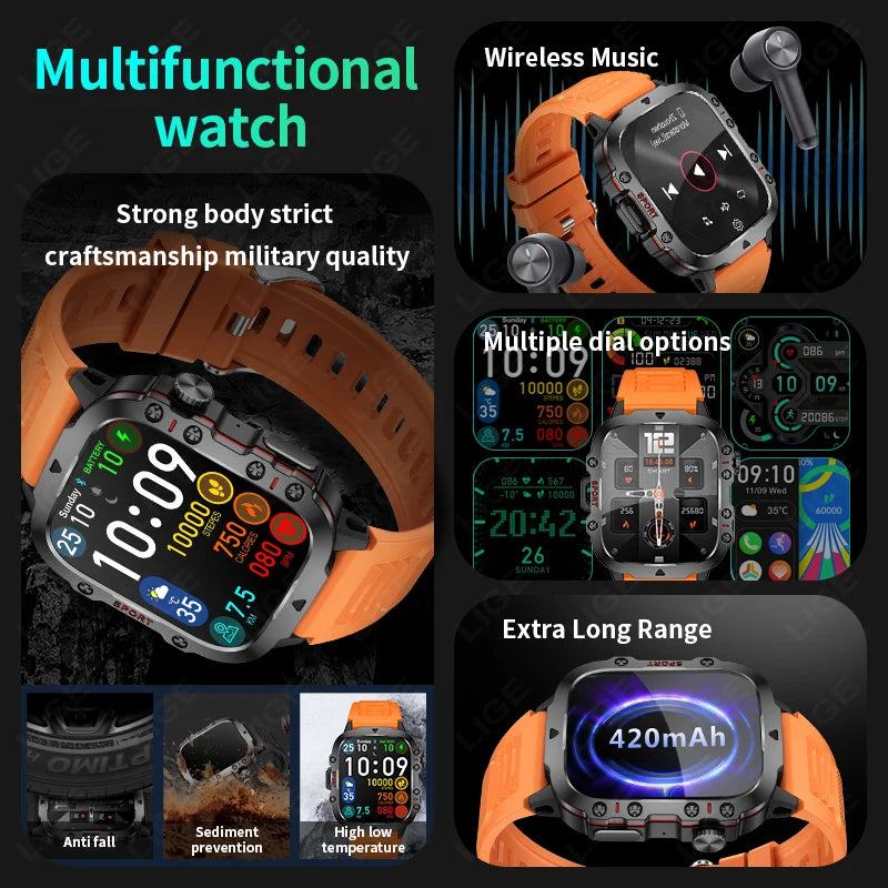 Smart Watch Men 2.01" Screen Lp68 Waterproof Watches Outdoor Rugged Military Bluetooth Call Smartwatch for Android Los
