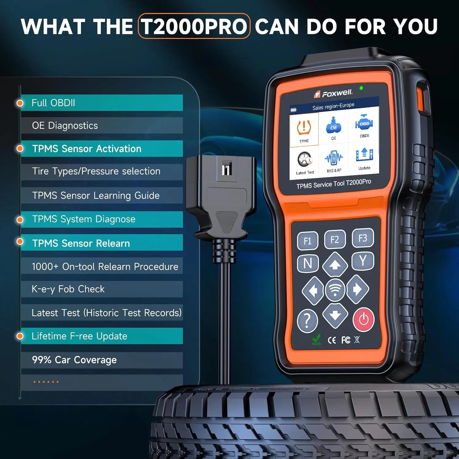 T2000 Pro TPMS Programming Tool Relearn Activate Sensors OBD2 Code Reader Tire Pressure Sensor Car Diagnostic Tool