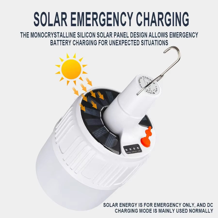 Camping Lantern Solar LED Light DC Fast Charging Portable Bulb 5Lighting Modes Tent Hanging Bulb for Outdoor Hiking Emergency