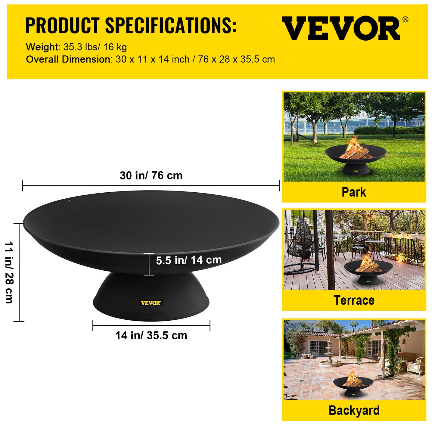 VEVOR Feuerschale Feuerkorb Φ76 Cm Garten BBQ Feuerstelle Gusseisen Schwarz