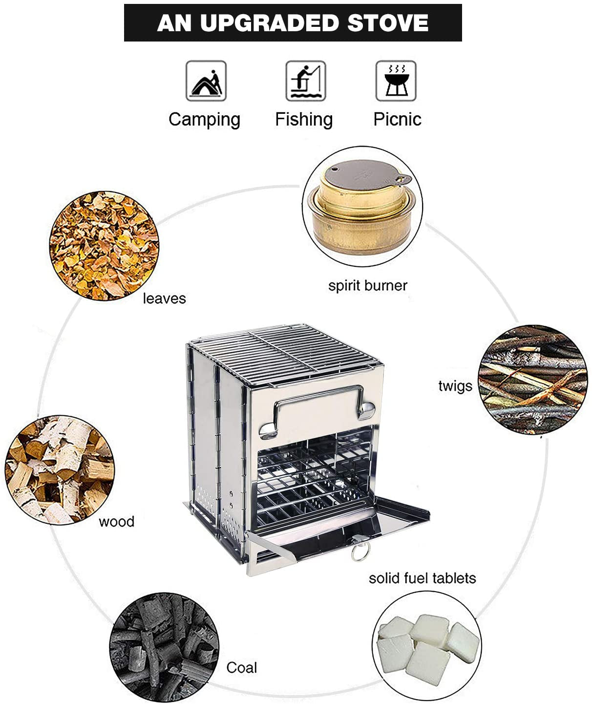 Stainless Steel Portable Wood Burning Camp Stove - Collapsible Rocket Grill for Outdoor Activities, Hiking, and Camping