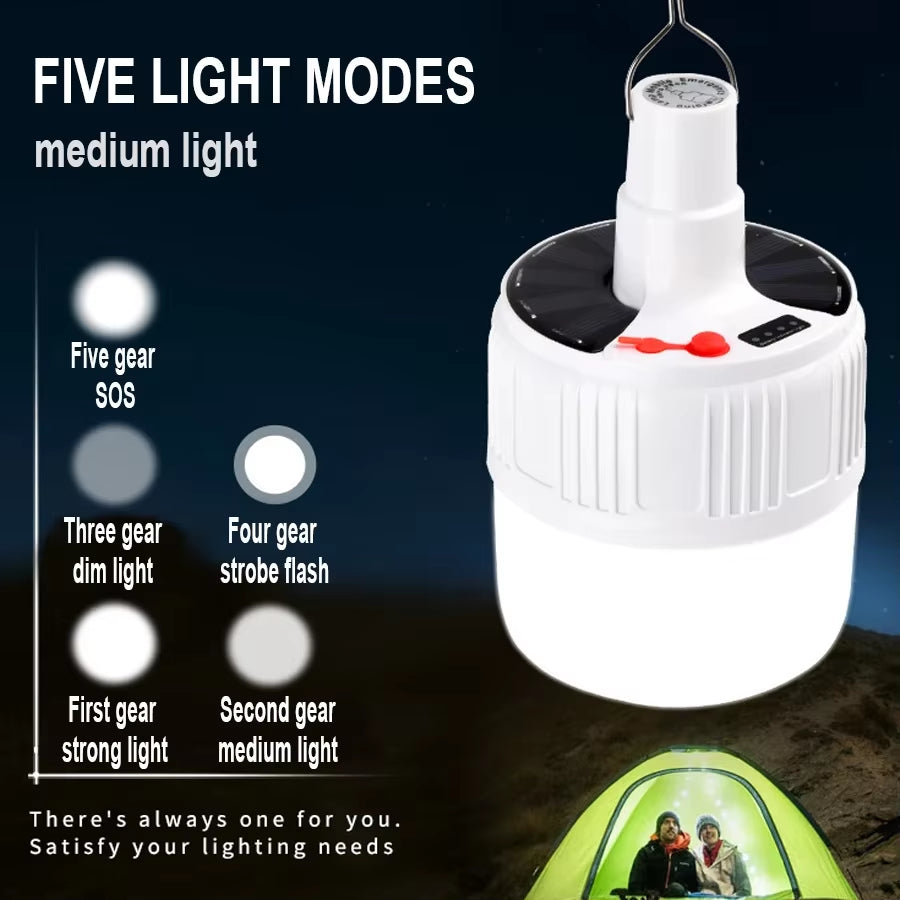 Camping Lantern Solar LED Light DC Fast Charging Portable Bulb 5Lighting Modes Tent Hanging Bulb for Outdoor Hiking Emergency