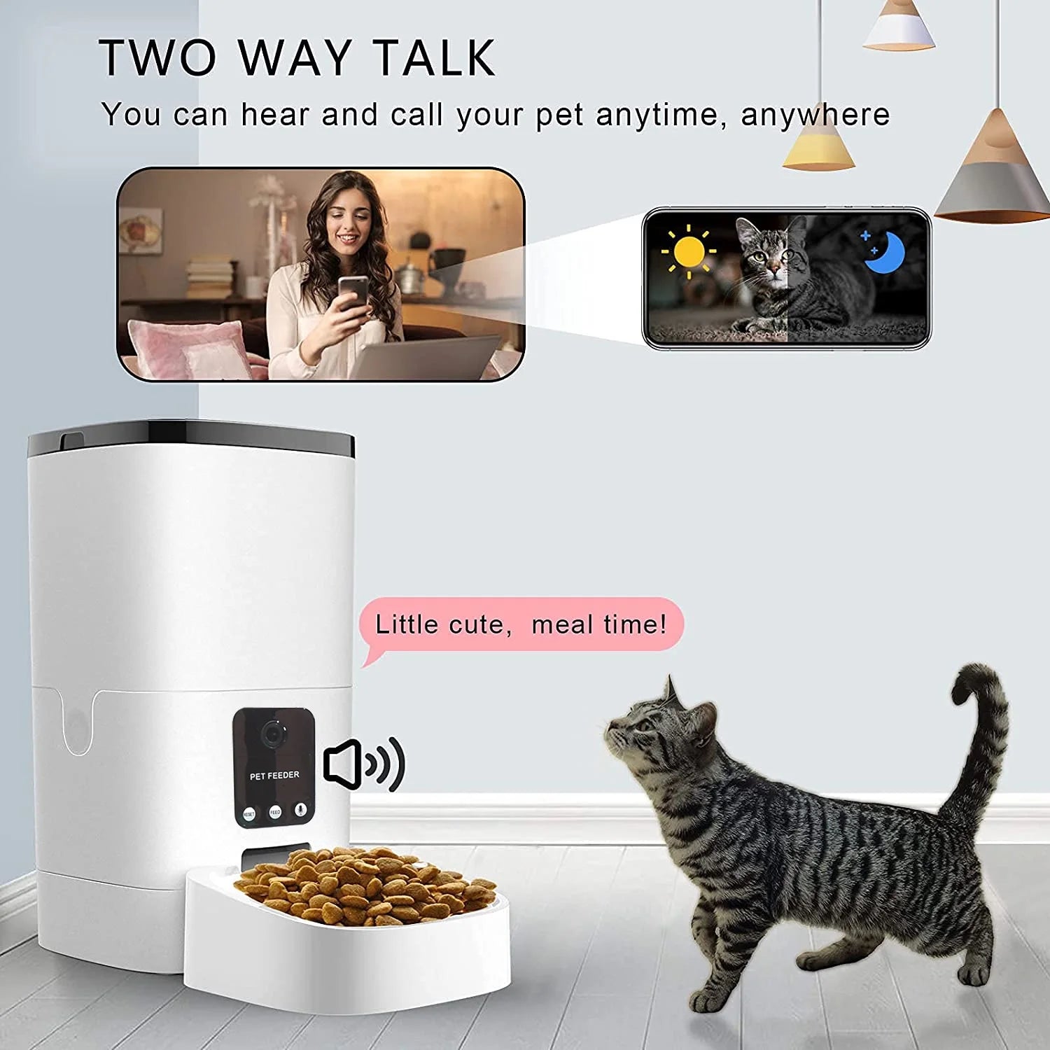 Automatic 6L Pet Feeder with 1080P Camera, App Control, Voice Recording, Timed Feeding, Dual Power Supply, and WiFi Connectivity for Cats and Dogs
