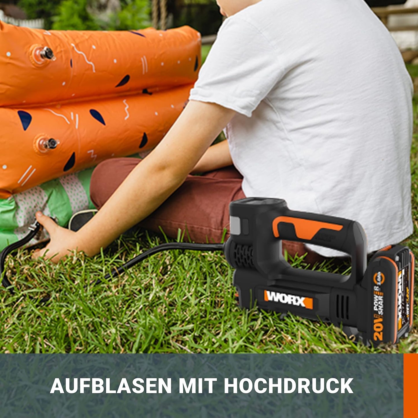 WORX WX092 Akku Luftkompressor Und Led-Projektor 20V, 150 PSI, Reifenaufpumpen in 2Min40S (Lieferung Mit Akku, Schnellladegerät Und Adapter Für Fahrrad/Auto)