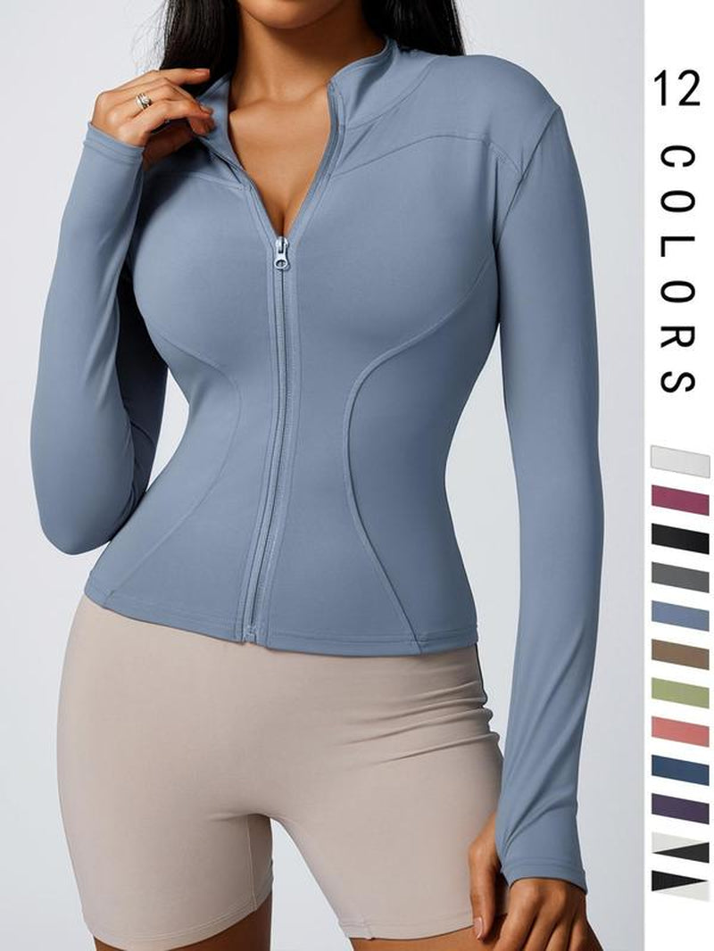 Women'S Thumbhole Solid Zipper Stand up Collar Elastic Sports Jacket, for Tennis Pickball Gym Yoga Exercise Running, Long Sleeve Sports Jacket Back to School Wear, BBL Jacket Stand up Collar Sports Top, Women'S Sportswear Sportswear