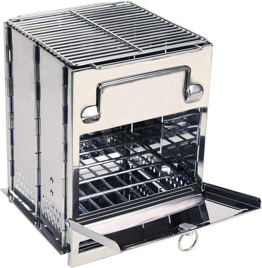 Stainless Steel Portable Wood Burning Camp Stove - Collapsible Rocket Grill for Outdoor Activities, Hiking, and Camping