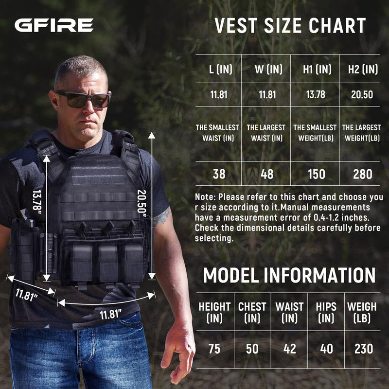GFIRE Quick Release Plate Carrier Vest Molle Vest Adjustable Breathable for Sport 32-52 Inches Adjustable Size Perfect Gift for Men