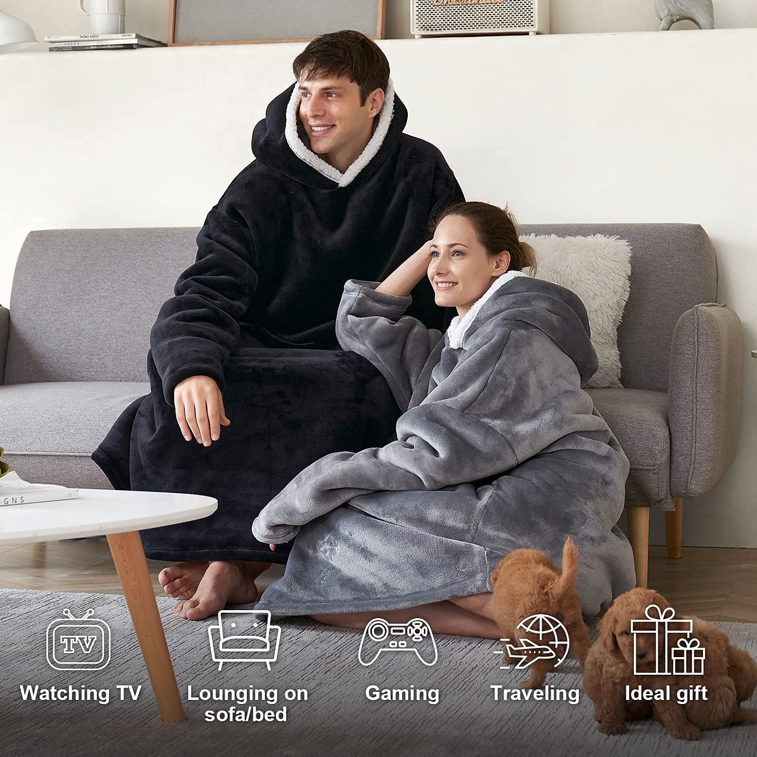 Cozy Oversized Sherpa Hoodie Blanket Sweatshirt - Soft Flannel Fleece with Sleeves & Pocket, One Size Fits All (Grey, Medium)