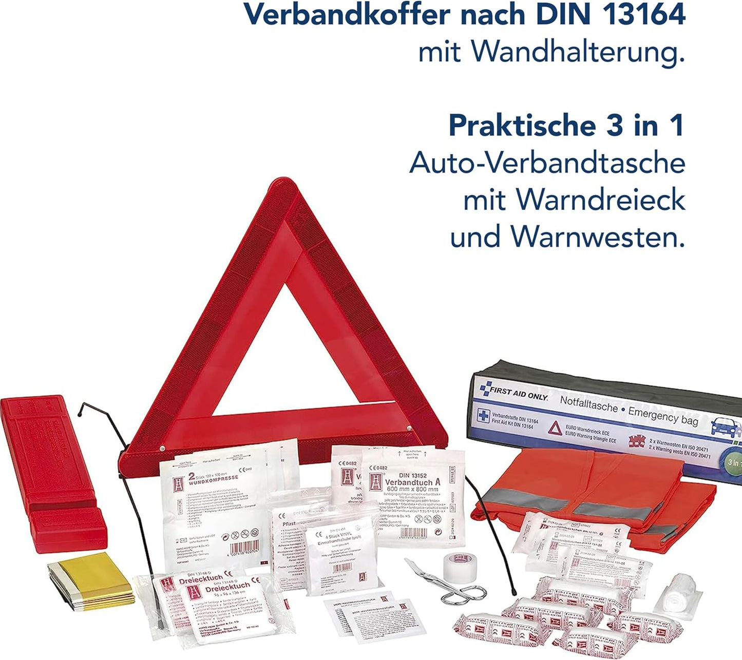 First Aid Only Kfz Set Verbandtasche DIN 13164 Mit Warndreieck Und 2 X Warnweste | Auto Erste Hilfe Set Für HU & TÜV | Verbandskasten Für Auto Und Motorrad | P-10021