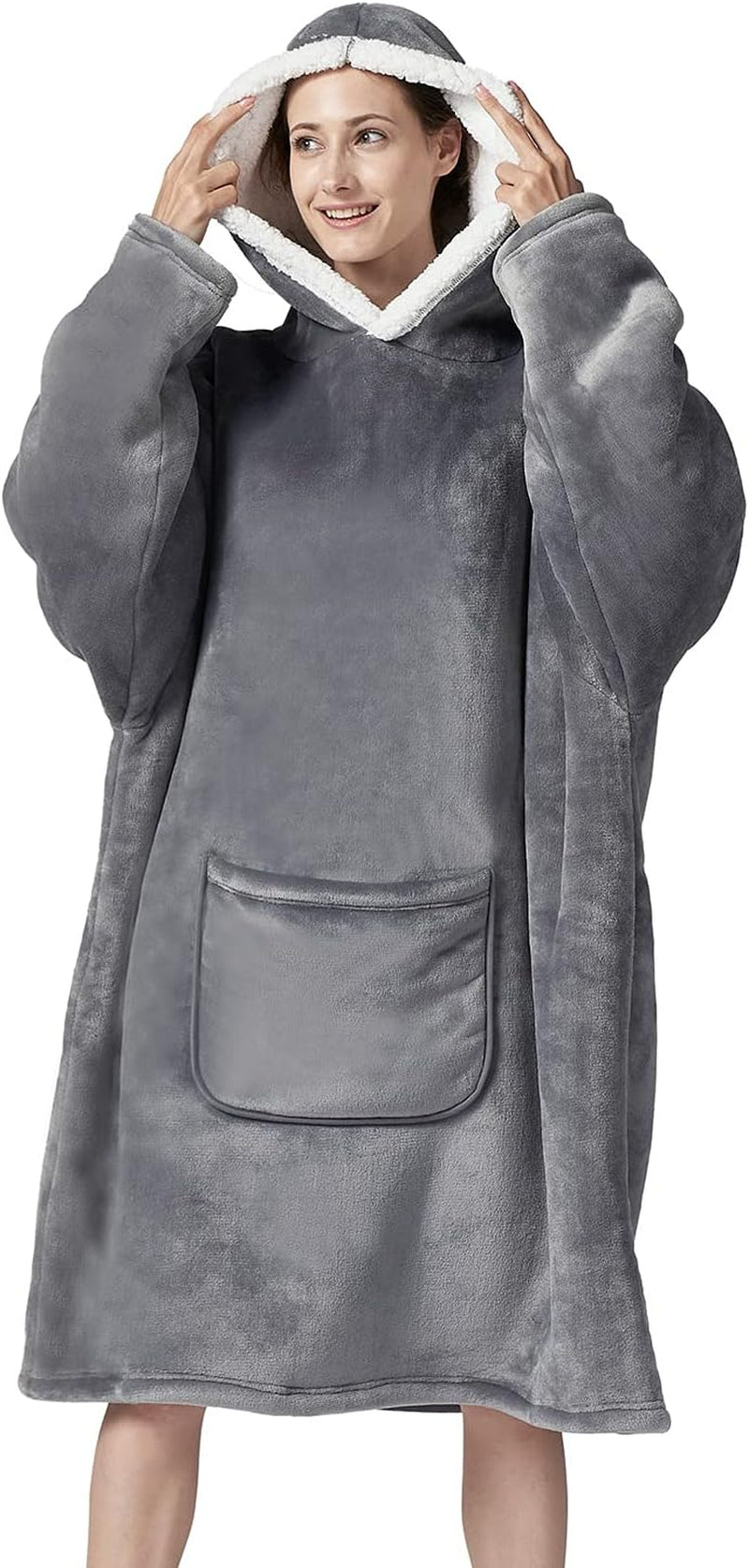 Cozy Oversized Sherpa Hoodie Blanket Sweatshirt - Soft Flannel Fleece with Sleeves & Pocket, One Size Fits All (Grey, Medium)