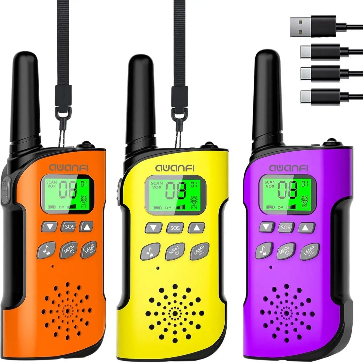 Walkie Talkie Rechargeable 3 Packs for Kids, Long Range Flashlight, 8 Channel, USB Type C for Camping, Hiking, Gifts