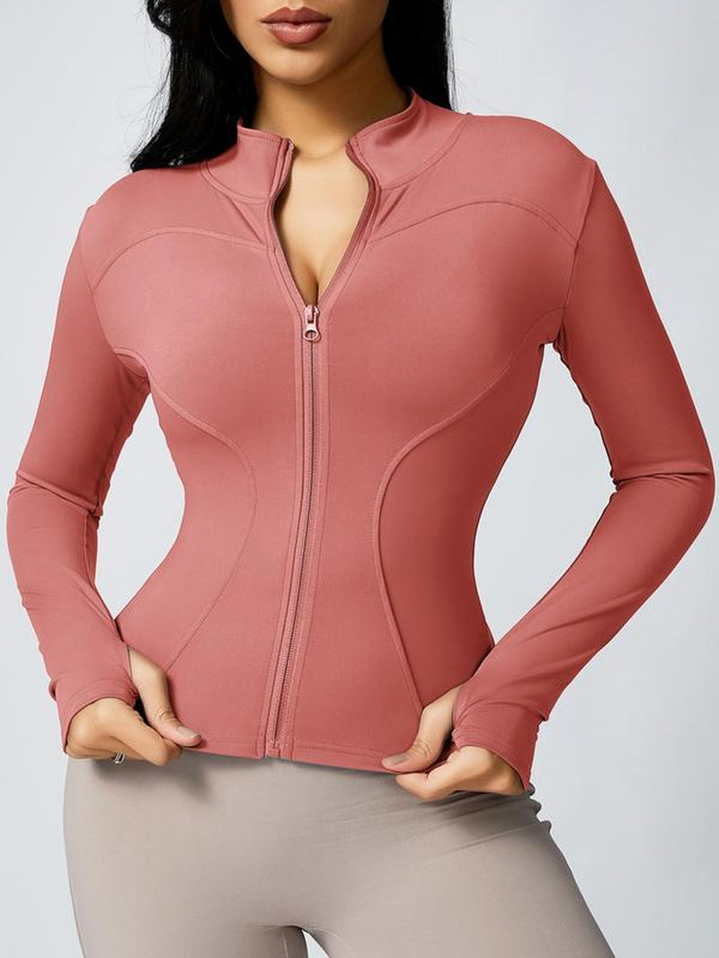 Women'S Thumbhole Solid Zipper Stand up Collar Elastic Sports Jacket, for Tennis Pickball Gym Yoga Exercise Running, Long Sleeve Sports Jacket Back to School Wear, BBL Jacket Stand up Collar Sports Top, Women'S Sportswear Sportswear