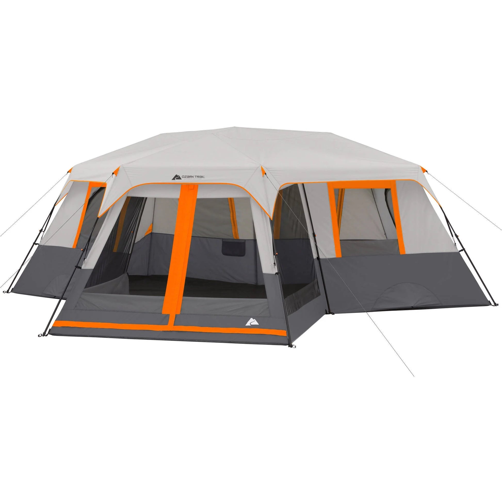 Das Bild zeigt ein geräumiges und robustes 20' x 18' Instant Cabin Zelt für 12 Personen mit einem zusätzlichen Screen Room für ultimativen Komfort und Schutz vor Insekten. Dieses Zelt wiegt nur 56,5 lbs und eignet sich perfekt für große Gruppenausflüge, Campingabenteuer und Outdoor-Veranstaltungen.