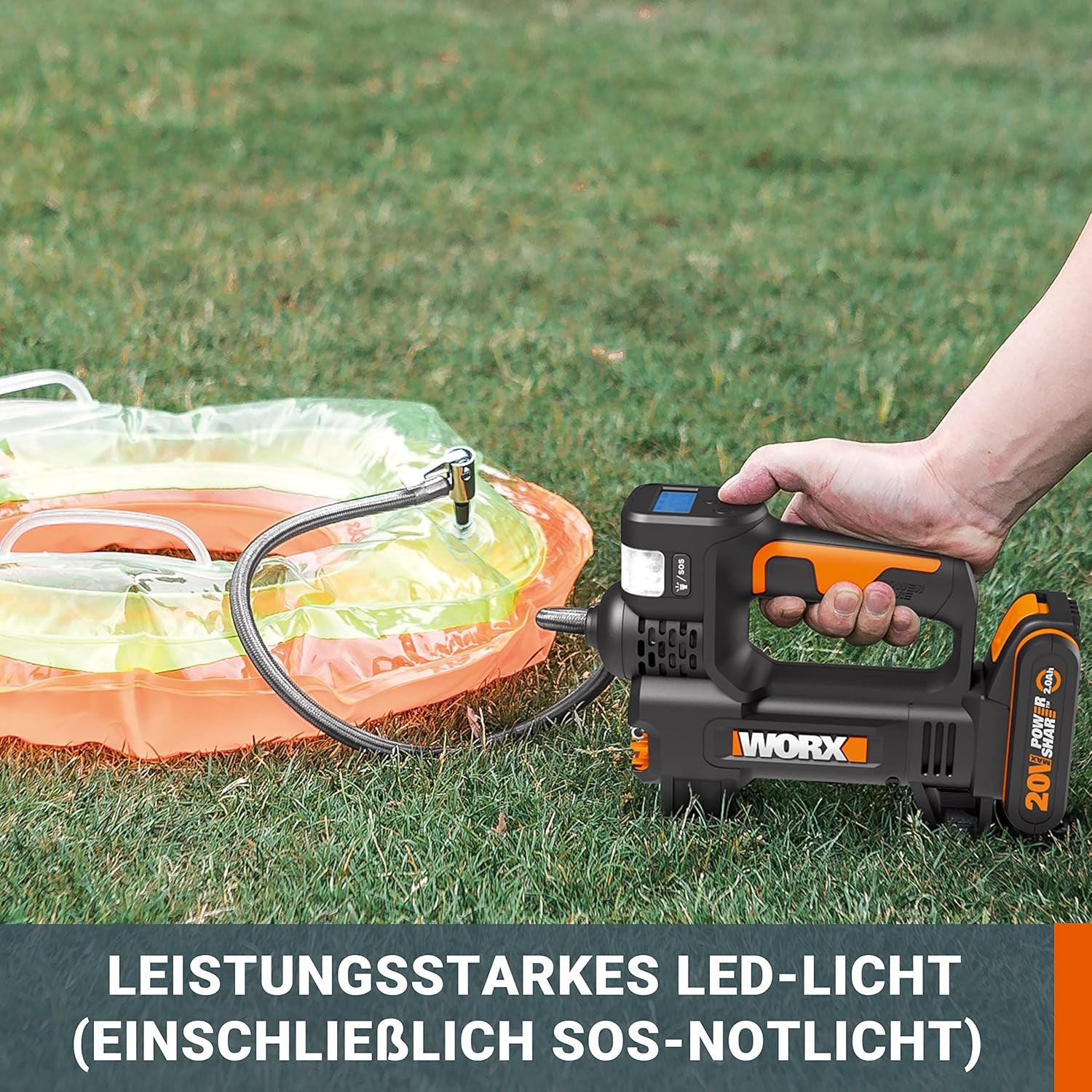 WORX WX092 Akku Luftkompressor Und Led-Projektor 20V, 150 PSI, Reifenaufpumpen in 2Min40S (Lieferung Mit Akku, Schnellladegerät Und Adapter Für Fahrrad/Auto)