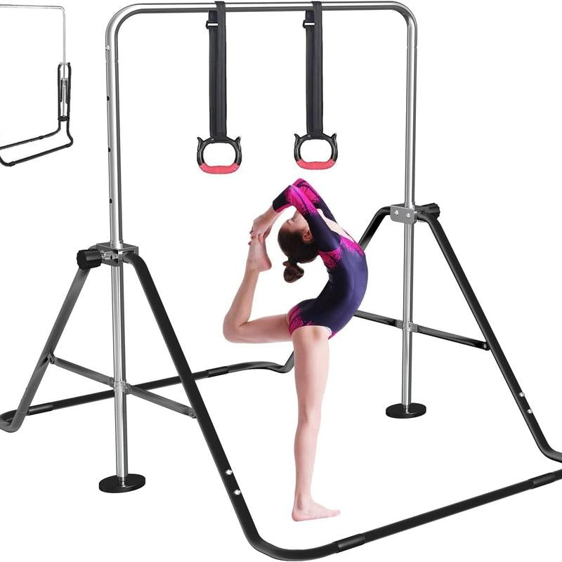Fbsport Gymnastics Bar for Kids with Rings, Adjustable Height Folding Horizontal Bars, Junior Gymnastics Training Monkey Bars for Home Practice Using