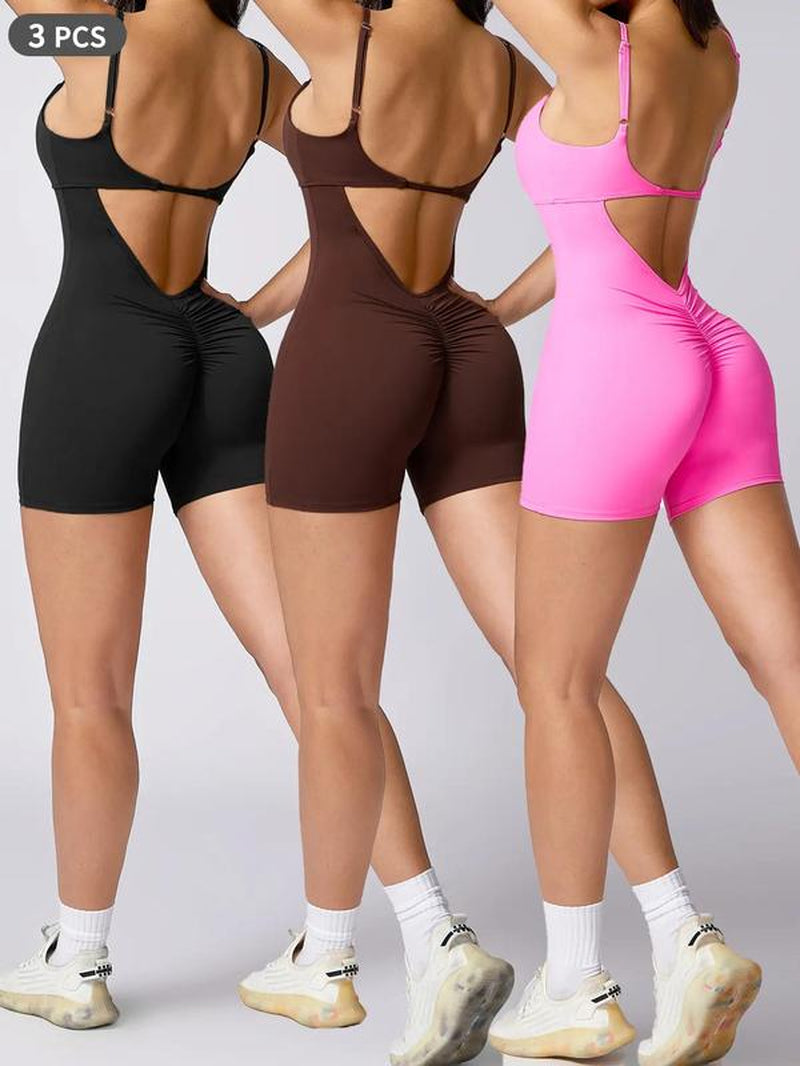 Women'S Cut Out Ruched Skinny Sports Tummy Control Romper, Rompers for Women, Solid Adjustable Spaghetti Strap Bodycon Romper, Ladies Sportswear for Indoor Outdoor Wear, Workout Outfits, Gym Clothes Women, Minimalistic Outfit. Athletic Wear, Active Wear