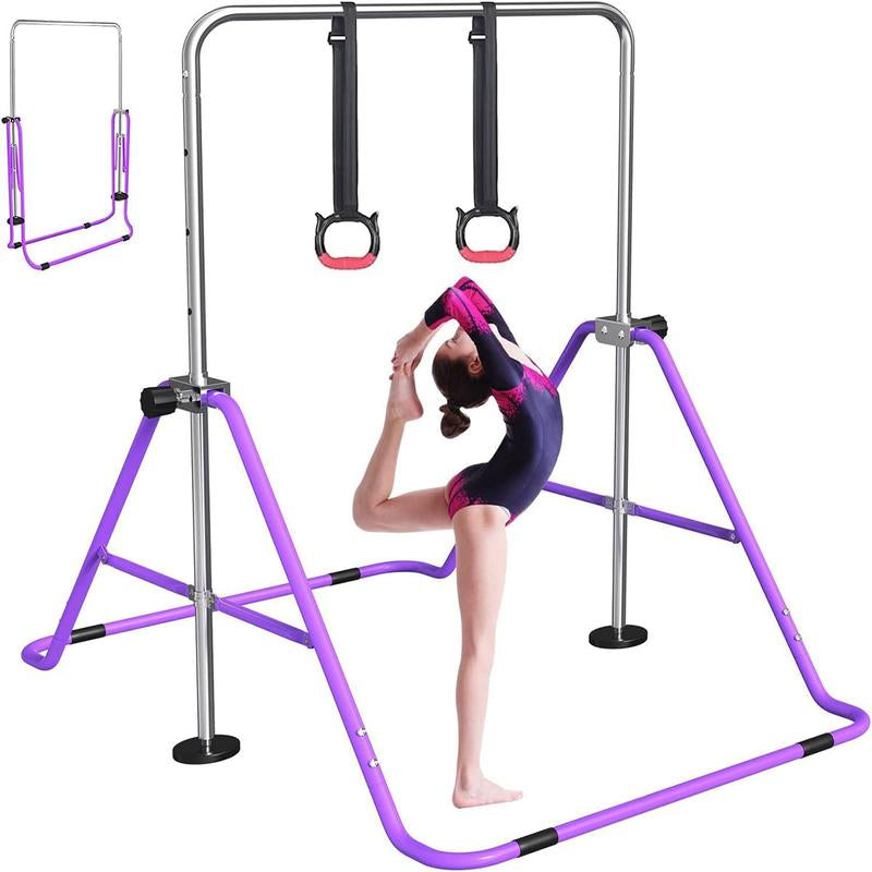 Fbsport Gymnastics Bar for Kids with Rings, Adjustable Height Folding Horizontal Bars, Junior Gymnastics Training Monkey Bars for Home Practice Using