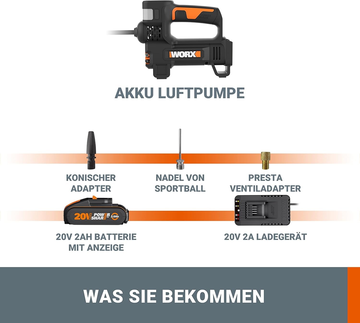WORX WX092 Akku Luftkompressor Und Led-Projektor 20V, 150 PSI, Reifenaufpumpen in 2Min40S (Lieferung Mit Akku, Schnellladegerät Und Adapter Für Fahrrad/Auto)