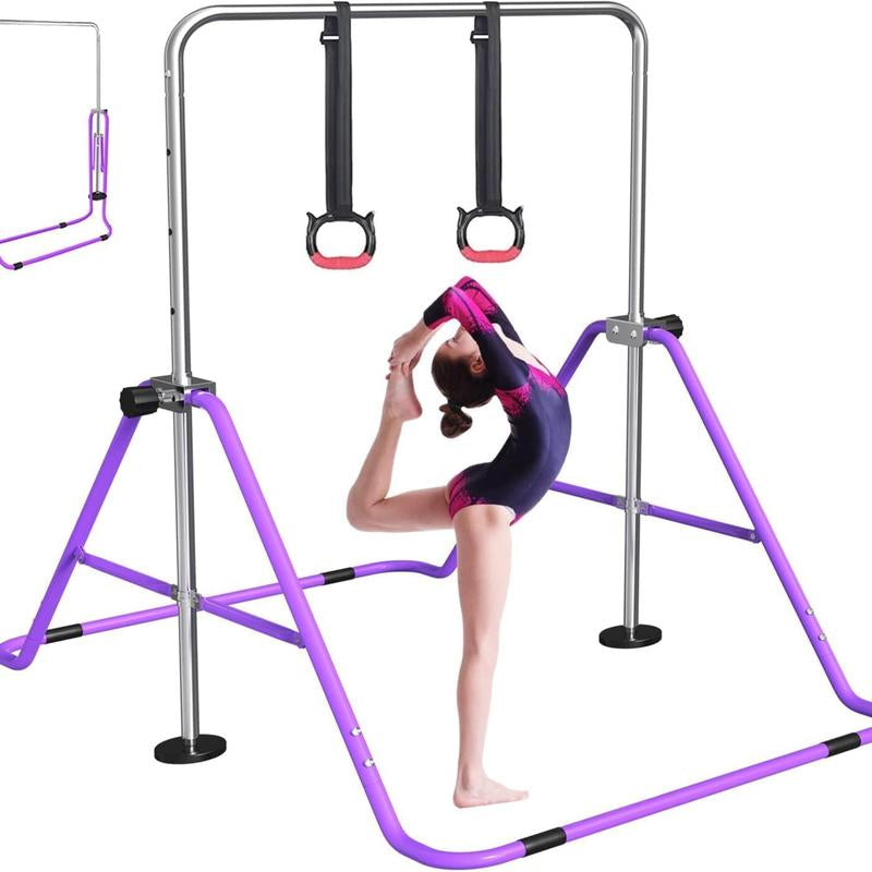 Fbsport Gymnastics Bar for Kids with Rings, Adjustable Height Folding Horizontal Bars, Junior Gymnastics Training Monkey Bars for Home Practice Using