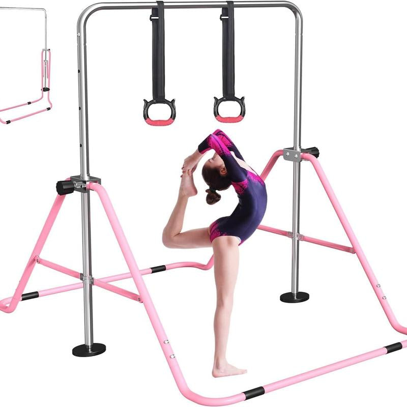 Fbsport Gymnastics Bar for Kids with Rings, Adjustable Height Folding Horizontal Bars, Junior Gymnastics Training Monkey Bars for Home Practice Using