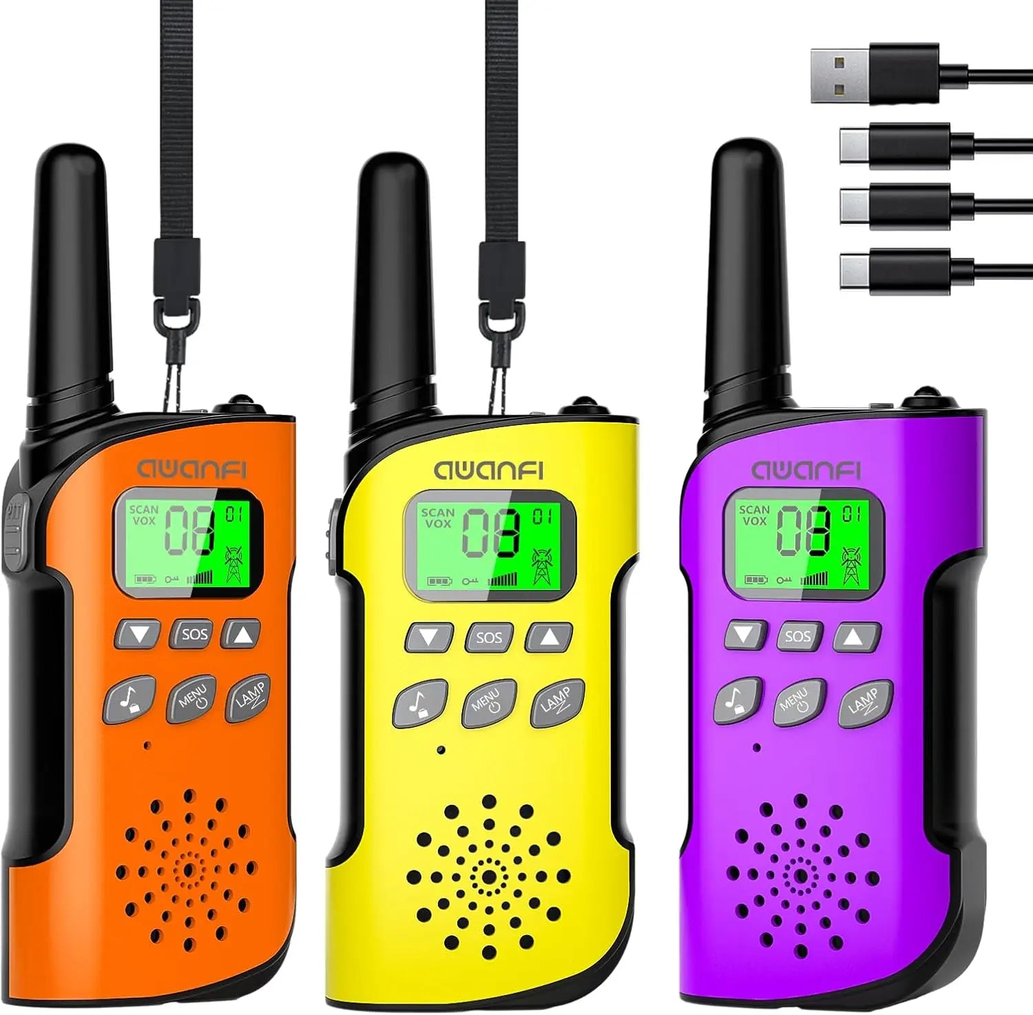 Walkie Talkie Rechargeable 3 Packs for Kids, Long Range Flashlight, 8 Channel, USB Type C for Camping, Hiking, Gifts