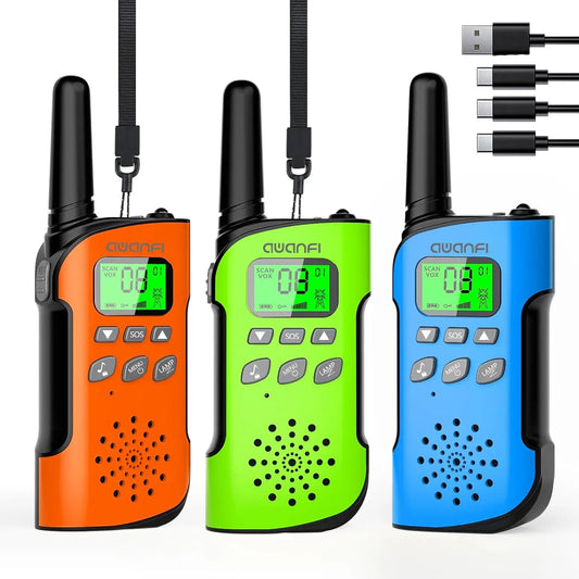 Walkie Talkie Rechargeable 3 Packs for Kids, Long Range Flashlight, 8 Channel, USB Type C for Camping, Hiking, Gifts