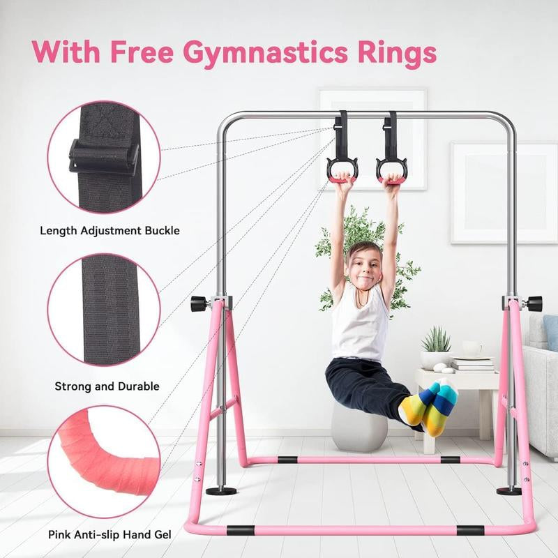 Fbsport Gymnastics Bar for Kids with Rings, Adjustable Height Folding Horizontal Bars, Junior Gymnastics Training Monkey Bars for Home Practice Using
