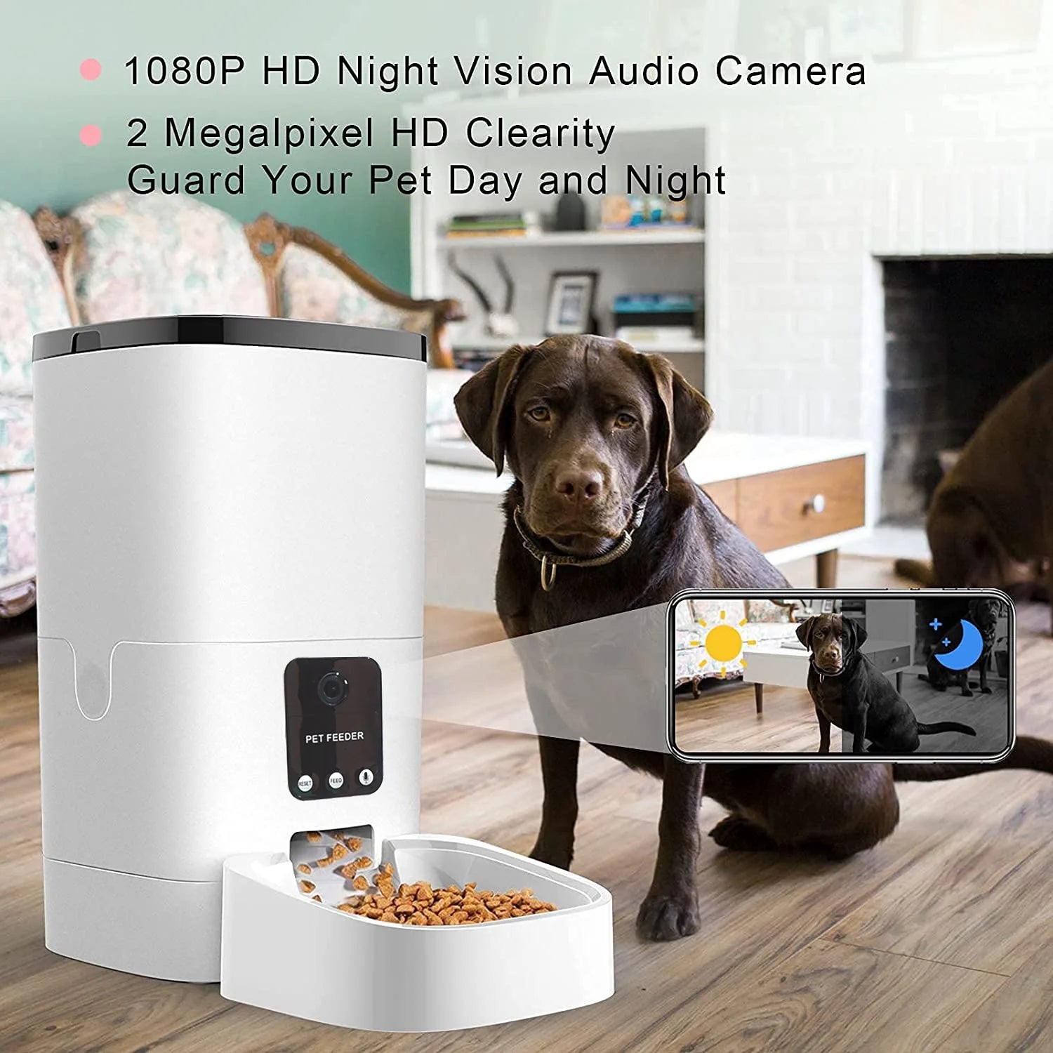 Automatic 6L Pet Feeder with 1080P Camera, App Control, Voice Recording, Timed Feeding, Dual Power Supply, and WiFi Connectivity for Cats and Dogs