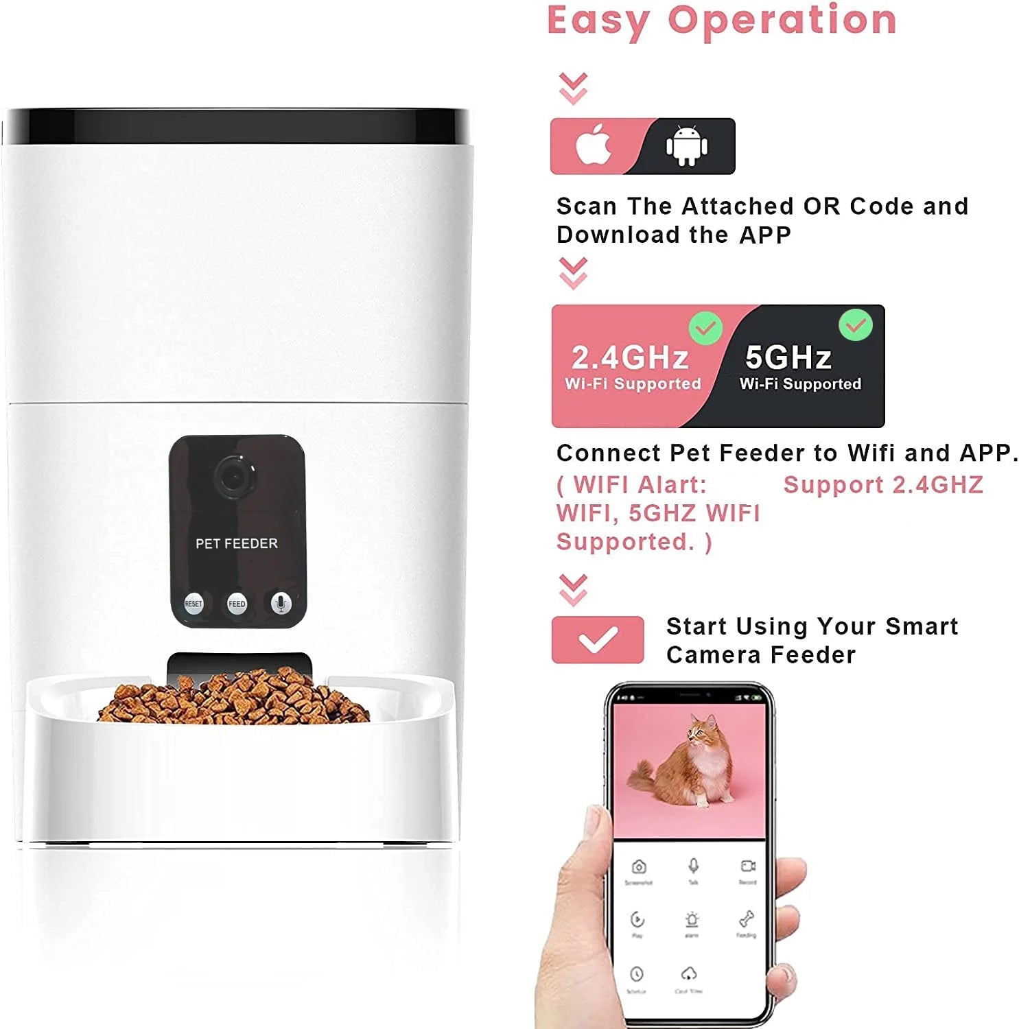 Automatic 6L Pet Feeder with 1080P Camera, App Control, Voice Recording, Timed Feeding, Dual Power Supply, and WiFi Connectivity for Cats and Dogs