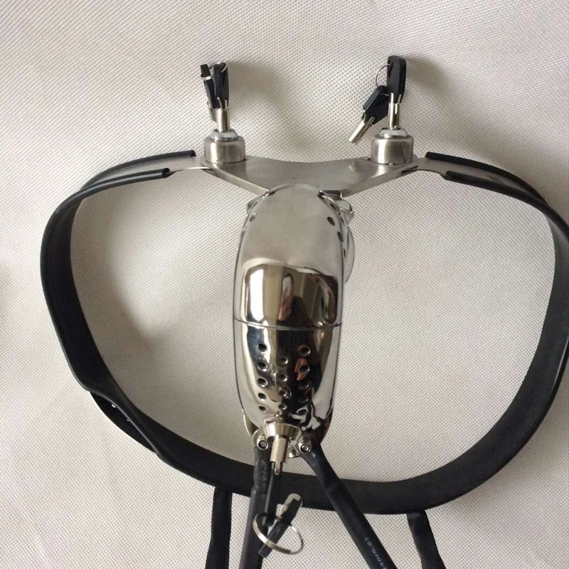 Stainless Steel Chastity Cage With Removable Anal Bead Plug Men