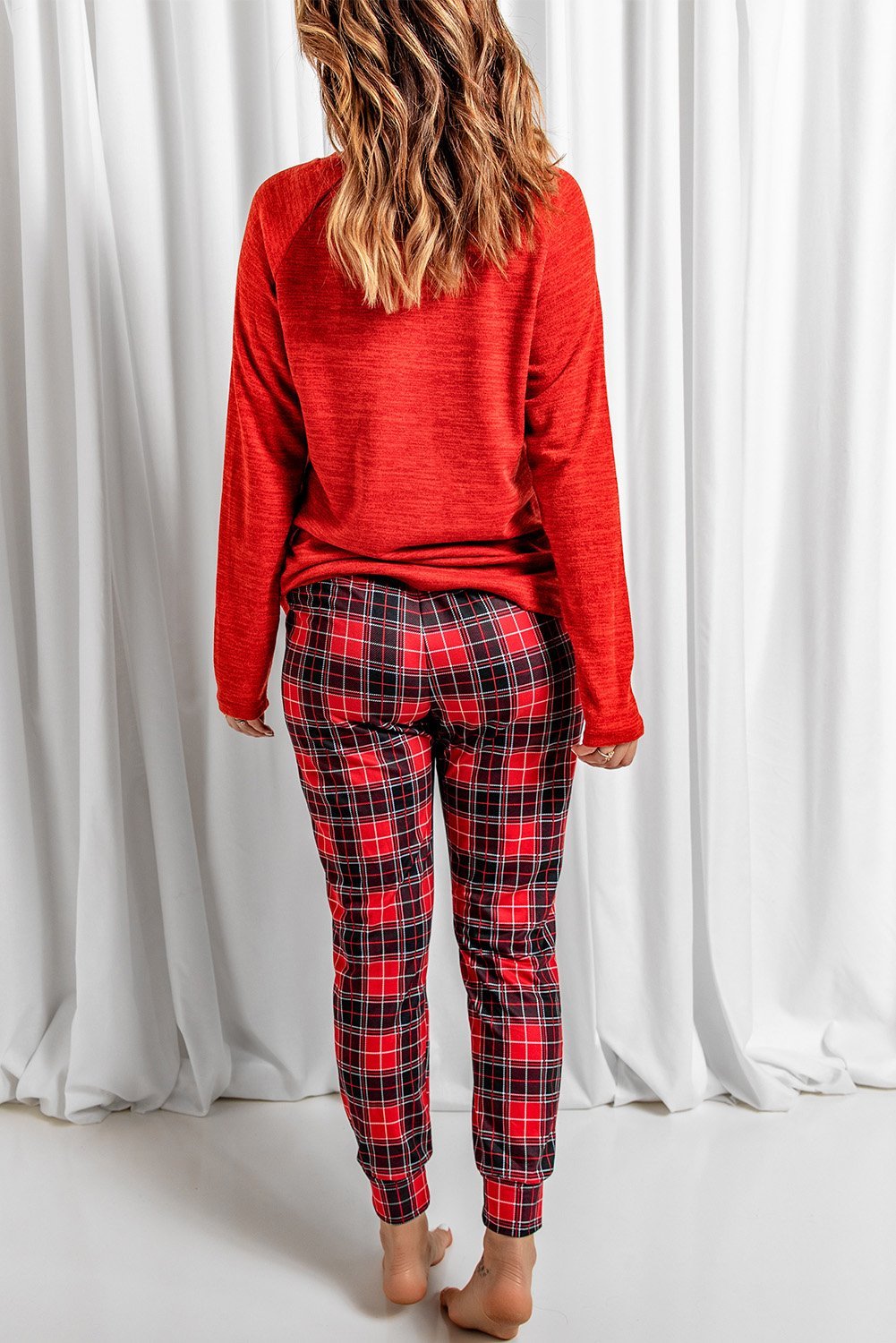 Red Heart Print Plaid Lounge Set