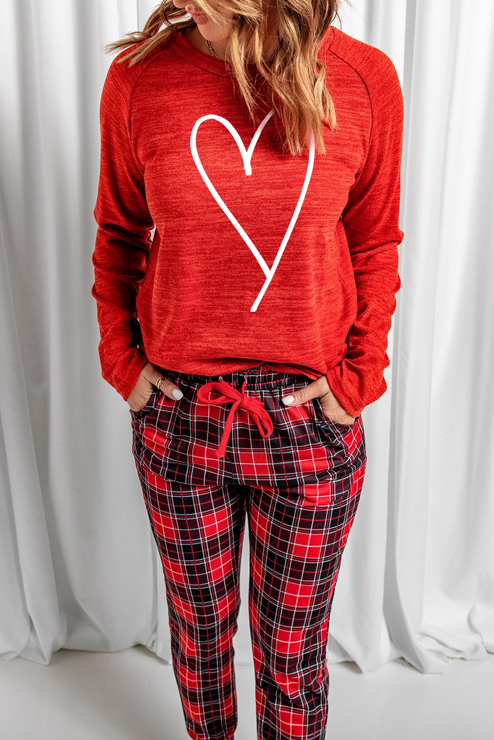 Red Heart Print Plaid Lounge Set