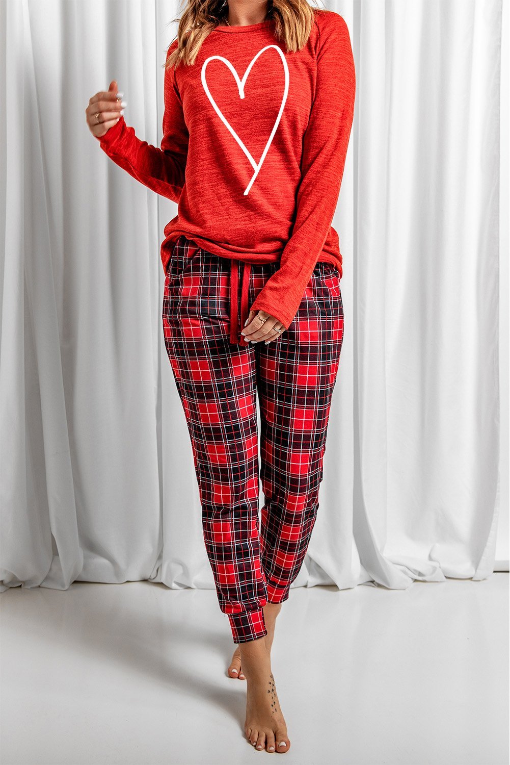 Red Heart Print Plaid Lounge Set