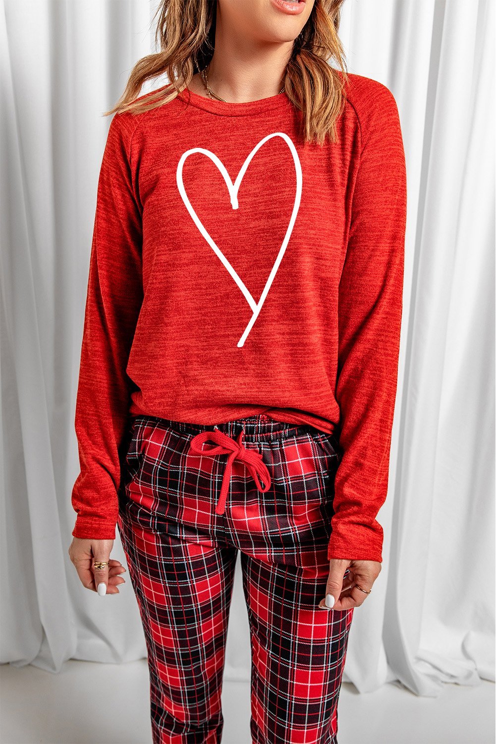 Red Heart Print Plaid Lounge Set