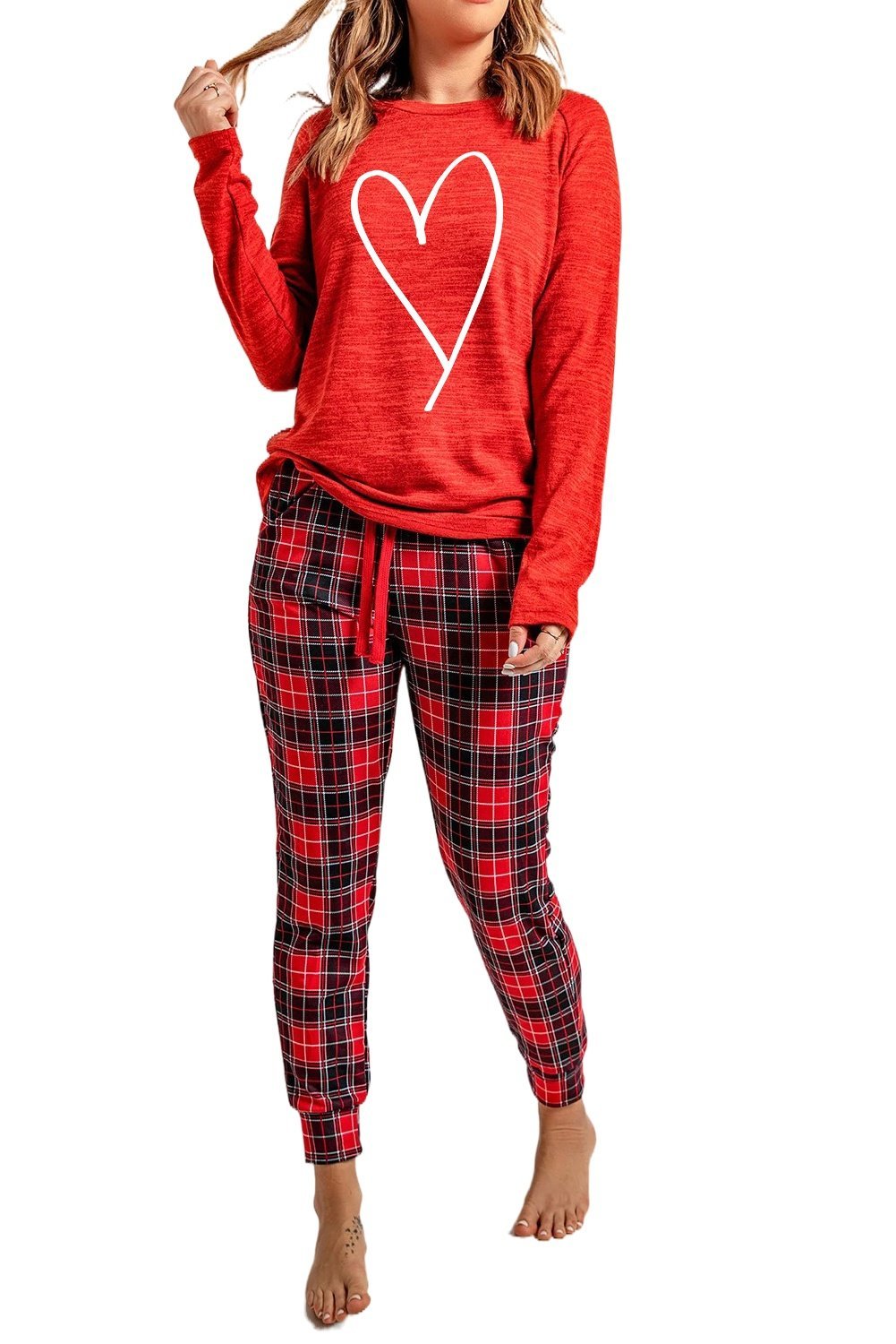 Red Heart Print Plaid Lounge Set