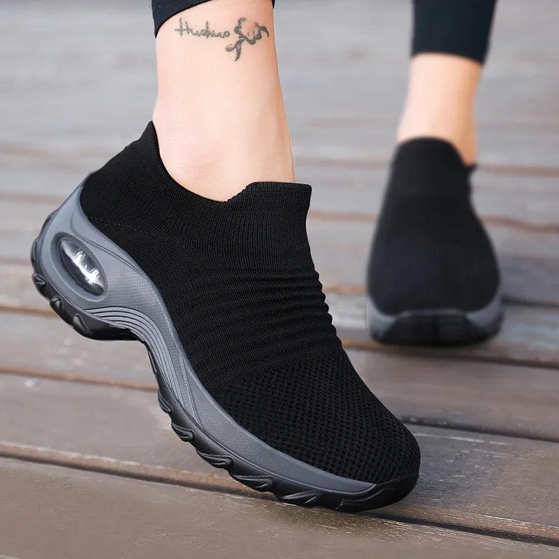 Women's Casual Sports Socks Sneakers Fashionable Thick Sole Air Cushion, Elevated Sloping Heel Rocking Shoes - Outdoorsavage