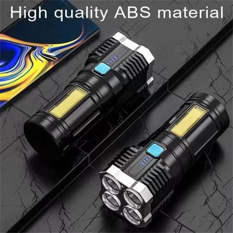 USB Rechargeable LED Flashlight 4LED High Power Super Bright Flashlights Outdoor Portable Tactical Lighting COB LED Flashlights - Outdoorsavage