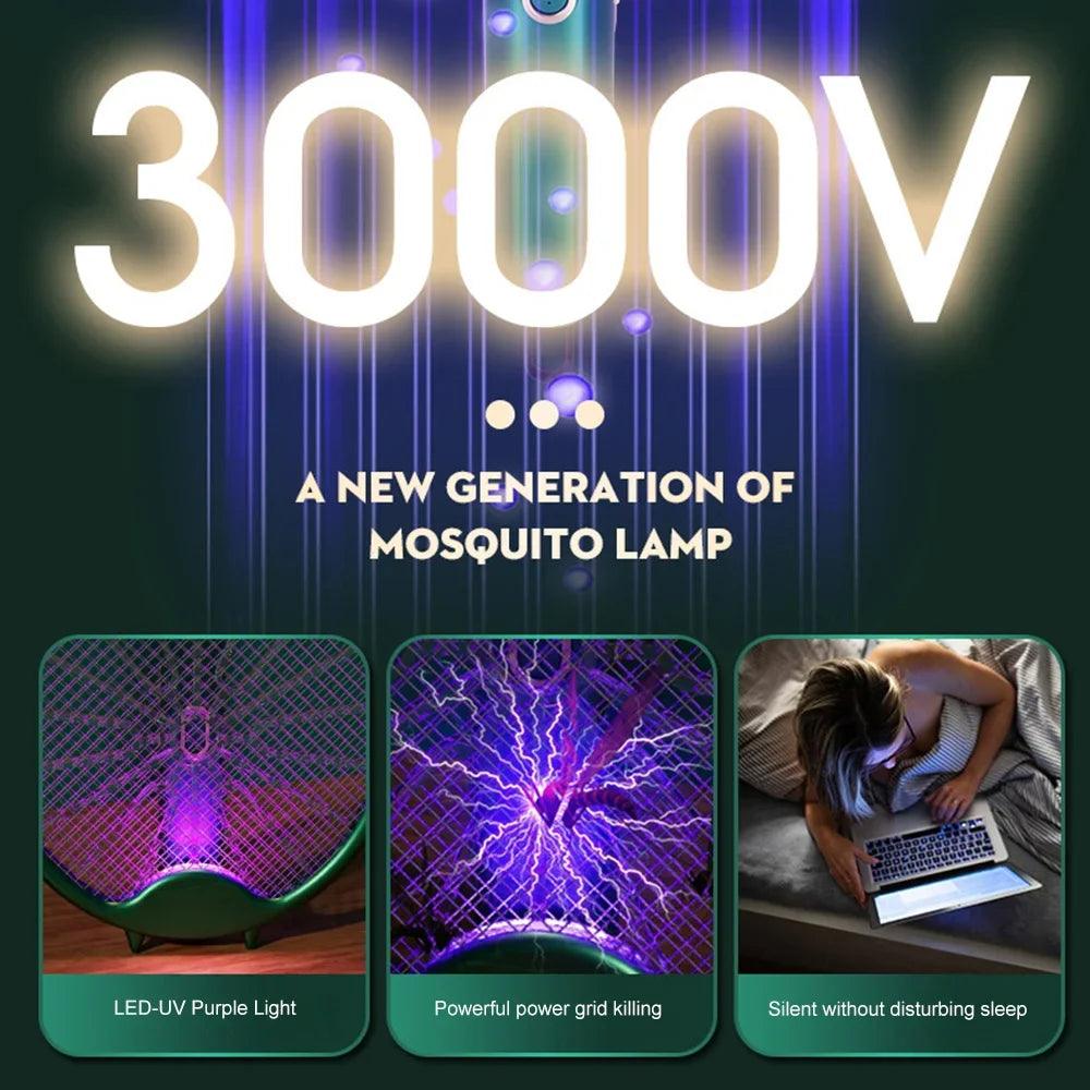 3000V Electric Mosquito Racket Mosquito Killer Lamp USB Rechargeable Foldable Mosquito Repellent Lamp Swatter Fly Swatter - Outdoorsavage