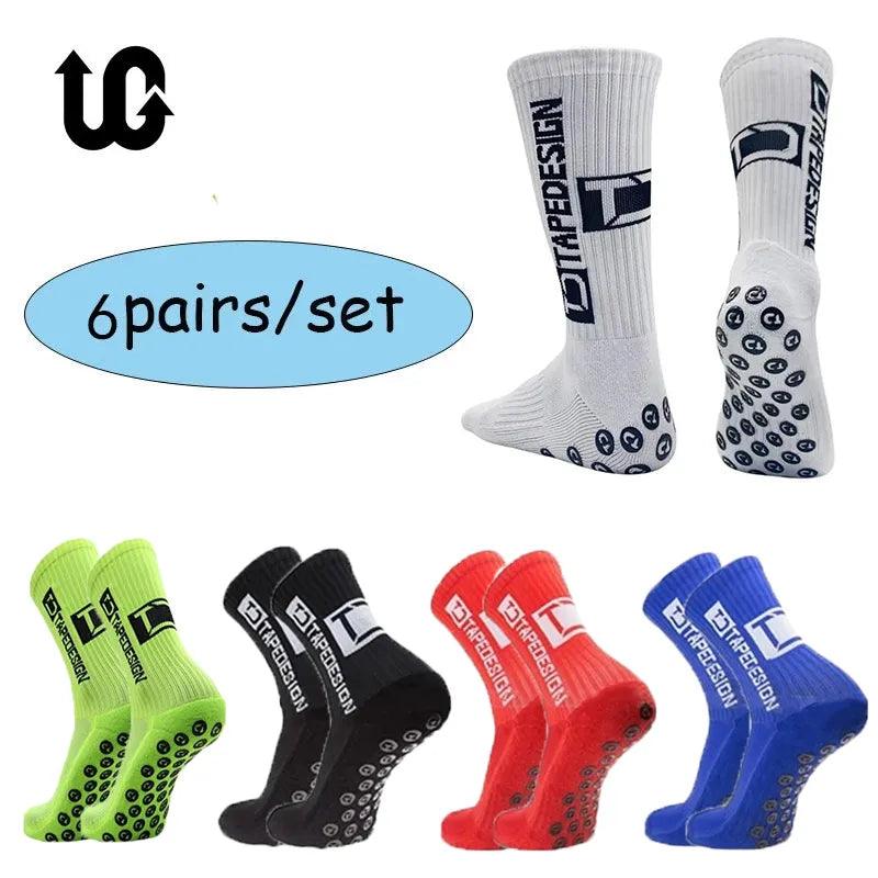 6Pairs/Lot 2023 New ANTI SLIP Tapedesign Football Socks Mid Calf Non-Slip Soccer Sport Cycling Sports Mens Sock EU38-45 - Outdoorsavage