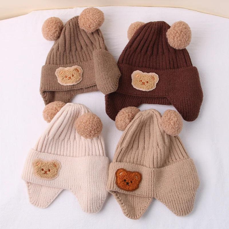 Winter Baby Beanie Cap Cartoon Bear Ear Protection Knitted Hat for Toddler Boys Girls Cute Korean Warm Kids Crochet Hats Gorras - Outdoorsavage