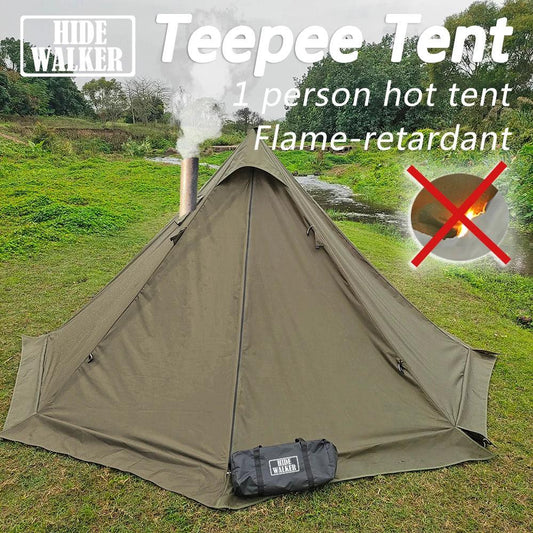 Flame-retardant Pyramid Hot Tent Outdoor Camping Waterproof Teepee Tent 1 Person Tipi Tent Winter Stove Tent with Snow Skirt - Outdoorsavage