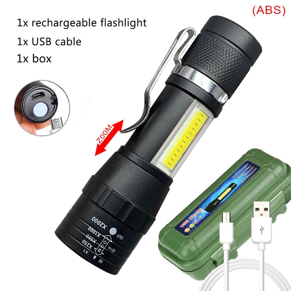 Built In Battery Q5 Portable Mini Led Flashlight Zoom Torch COB Lamp 2000 Lumens Adjustable Penlight Waterproof for Outdoor - Outdoorsavage