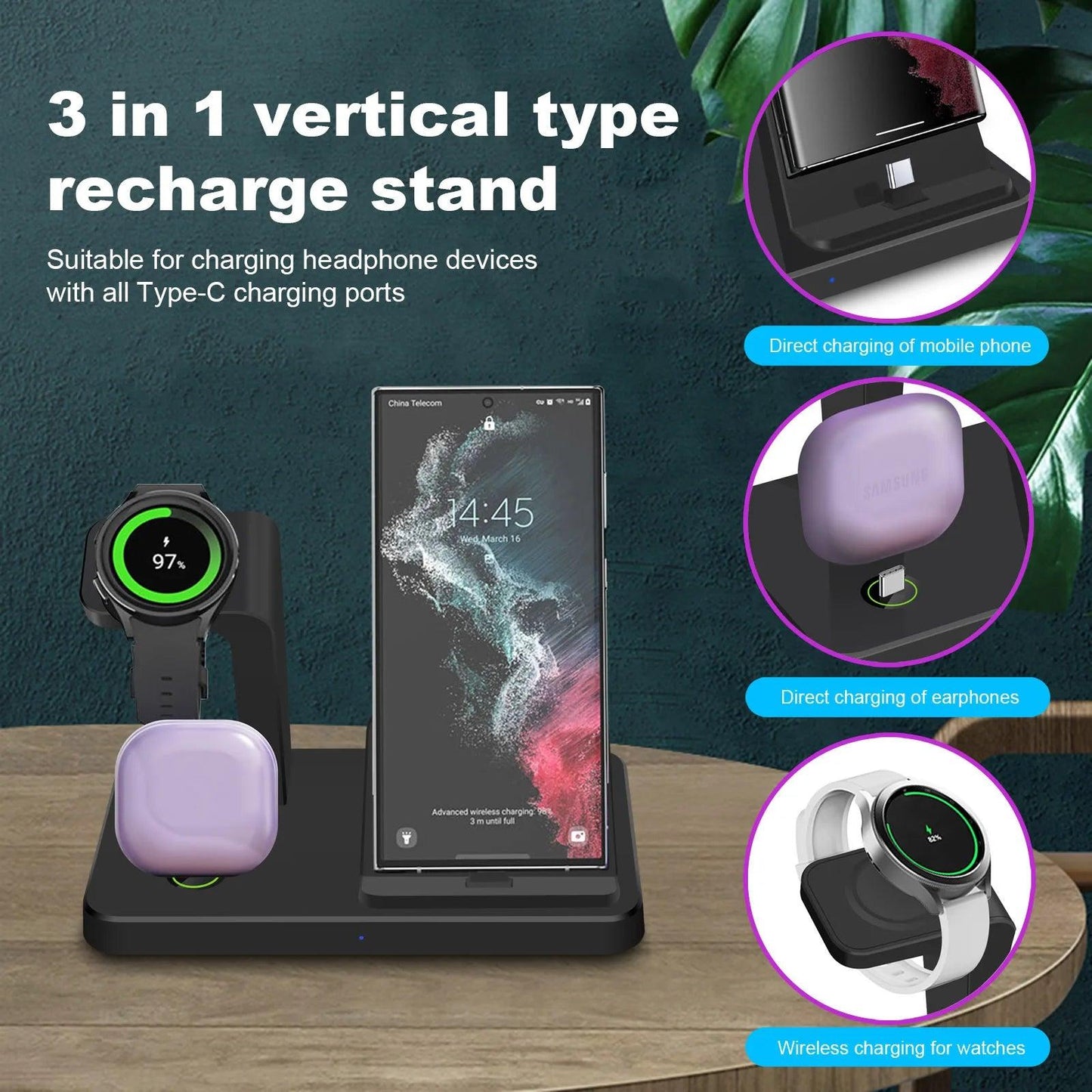 3 in 1 Wireless Charger Stand For Galaxy Watch 6 5 Pro Type C Fast - Outdoorsavage